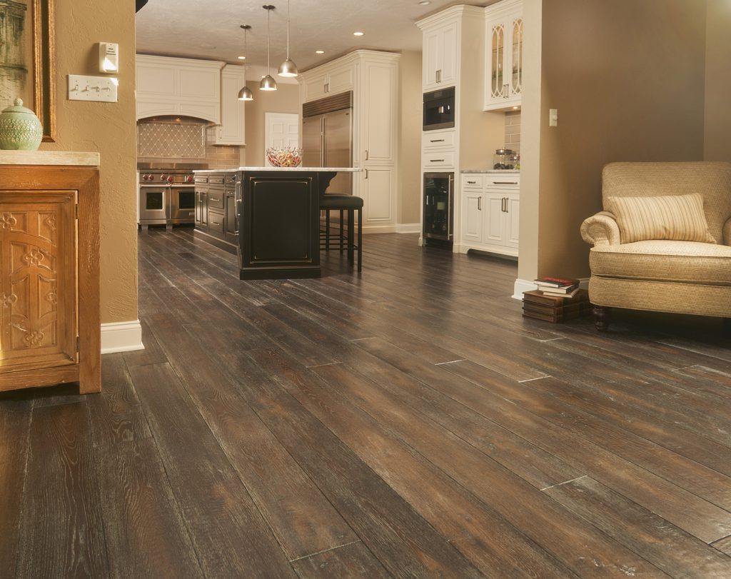 Live Sawn White Oak, Hand Scraped, Wire Brushed, Custom Dark Walnut Stain - kitchen