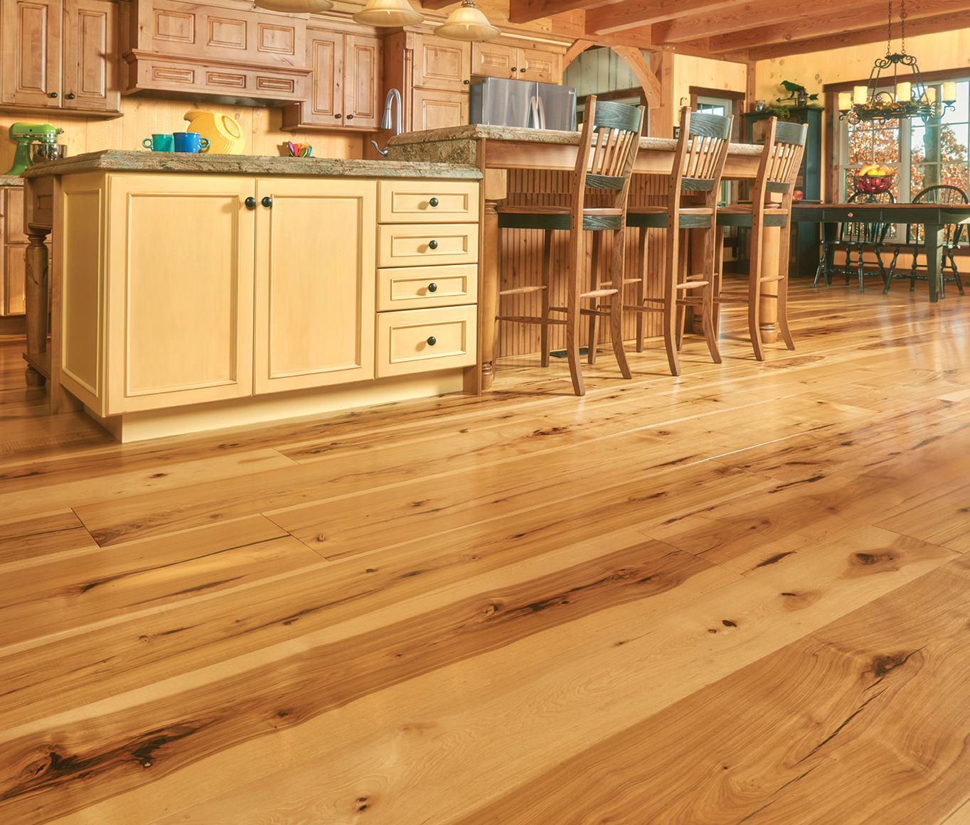 finished hickory wood floor kitchen