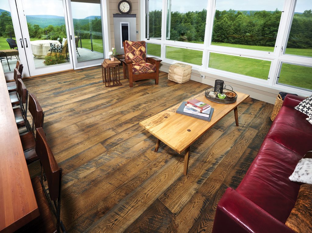 White Oak, Skip Planed, Wire Brushed, Oak Lodge Stain - living room