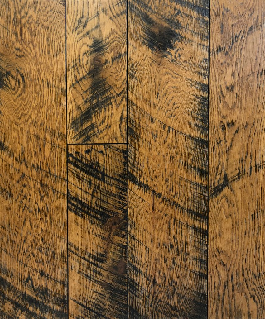 White Oak, Natural Character, Skip Planed, Wire Brushed, Black Bleed, Golden Oak Stain